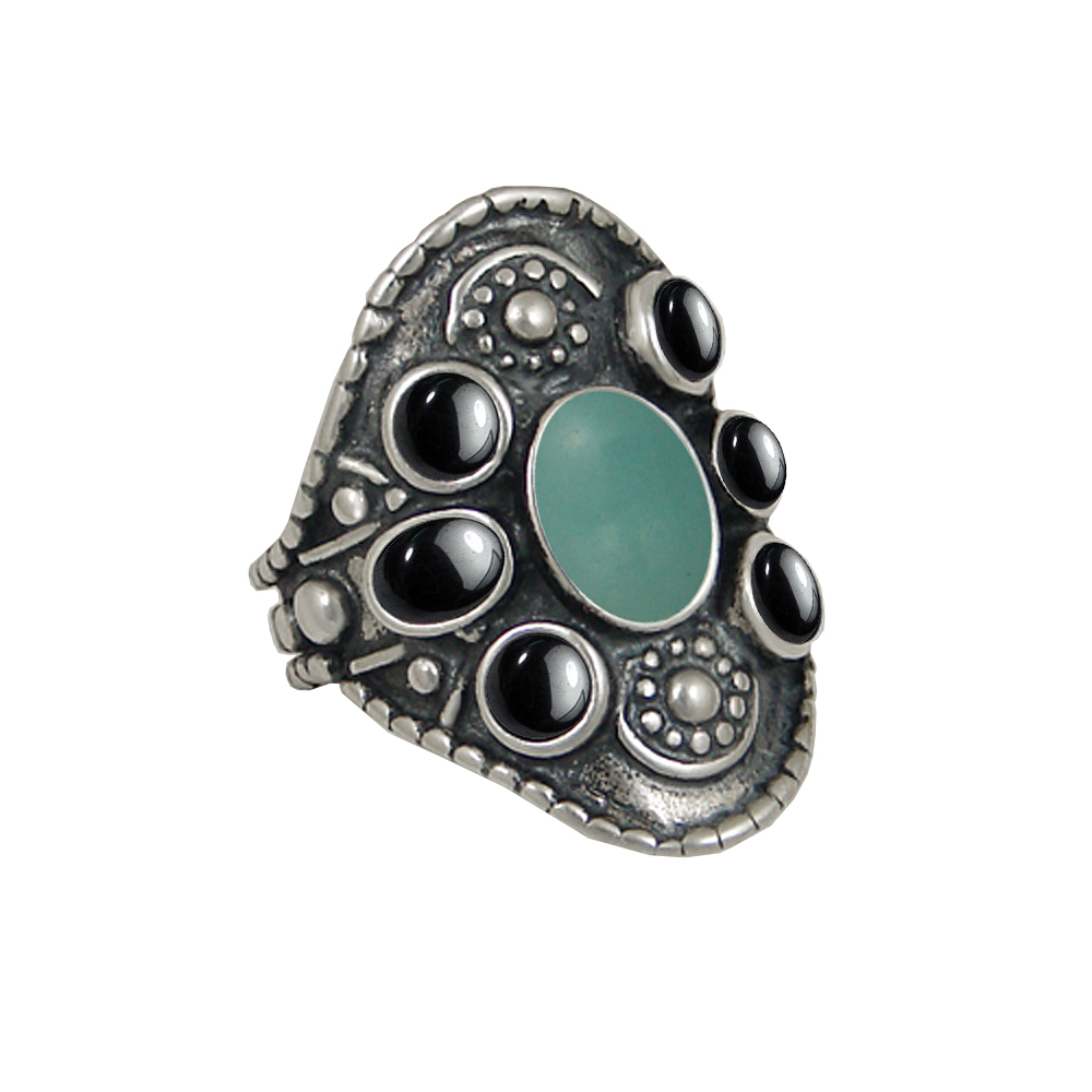 Sterling Silver High Queen's Ring With Aventurine And Hematite Size 6